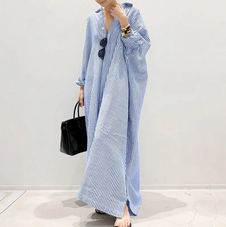 Casual Striped Loose Dresses For Women Fashion Long Sleeve Turn-down Collar Button Shirt Dress Lady Spring Autumn Clothes New