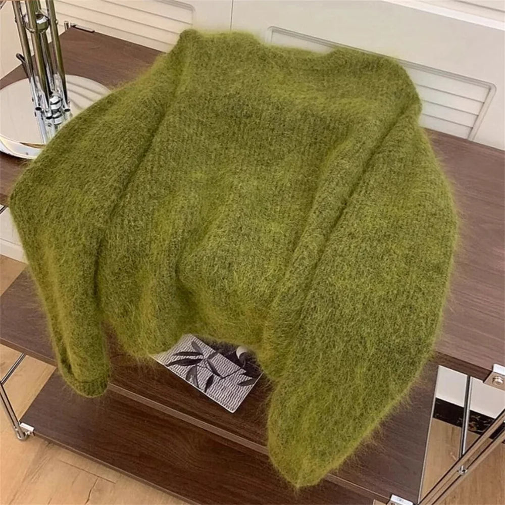 Women's Fashion Simple Casual Green Soft All Match Knitted Sweater Female O Neck Long Sleeve Loose Pullover Tops Sweet Sweaters