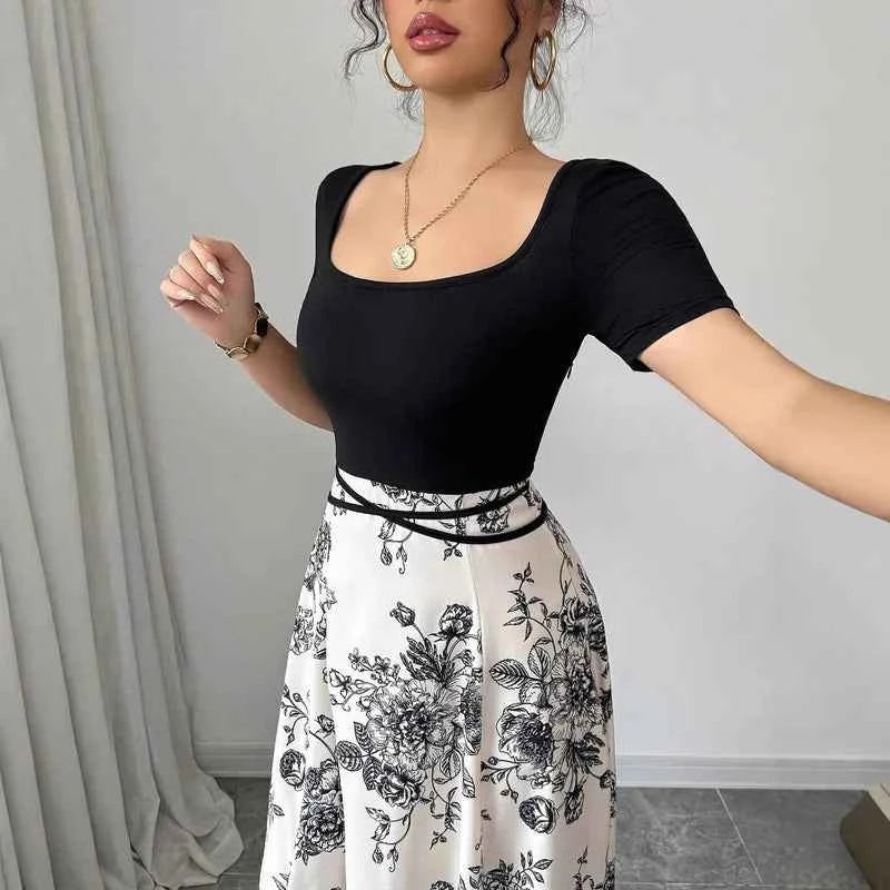 Womens Dresses Casual And Elegant Temperament Floral Print Short Sleeved Long Dress