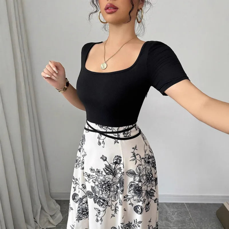 Womens Dresses Casual And Elegant Temperament Floral Print Short Sleeved Long Dress