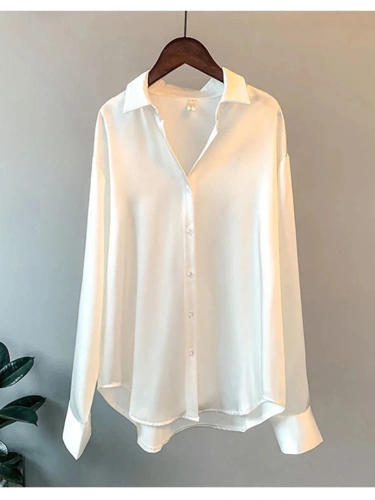 Casual Office Lady Silk Blouses Autumn Long Sleeve Button Up Shirt Women Elegant Winter Tops  Office Lady Acetate Blouse
