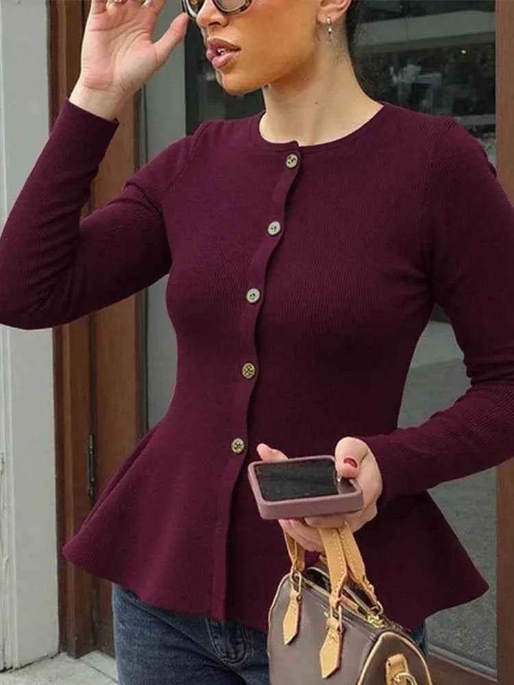 Women Elegant Solid Round Neck Pullover Lady Chic Full Sleeve Single Breasted Slim Knitted Sweater Women Commute Street Sweaters