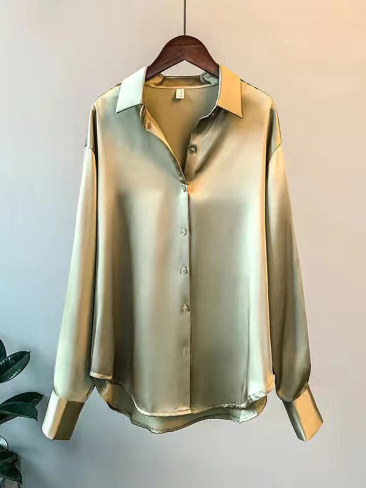 Casual Office Lady Silk Blouses Autumn Long Sleeve Button Up Shirt Women Elegant Winter Tops  Office Lady Acetate Blouse