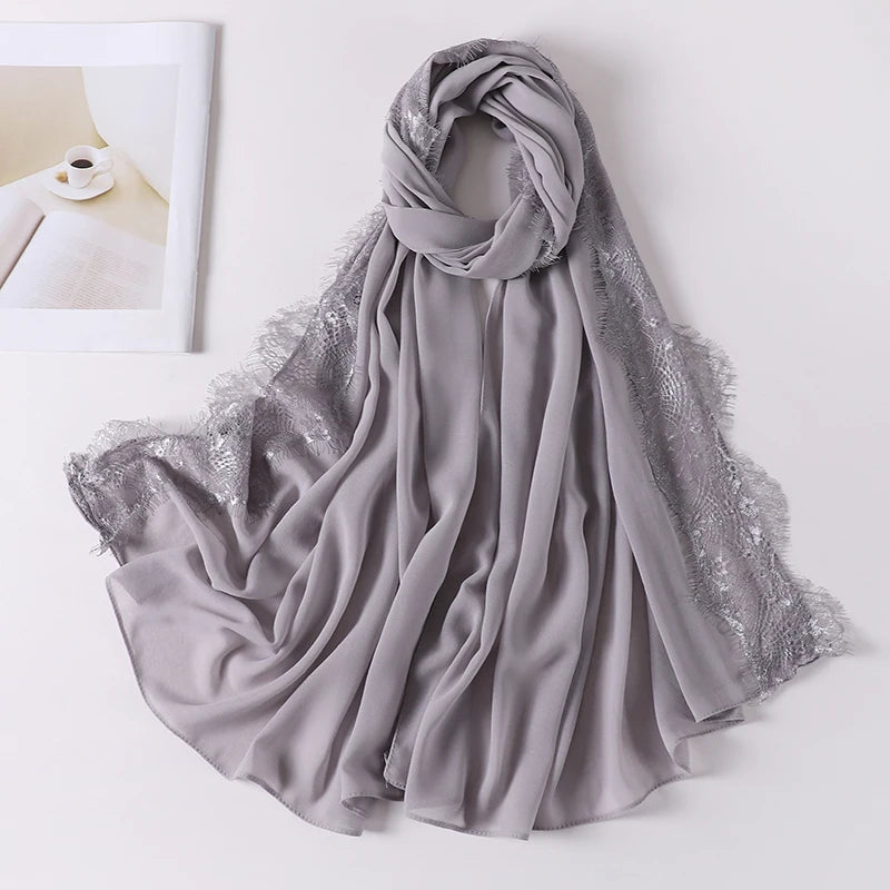 Muslim Soft Lace Hijab lslamic Plain Scarf Premium Chiffon Scarf Shawl Turban Headwraps Headband Foulard Wedding Style