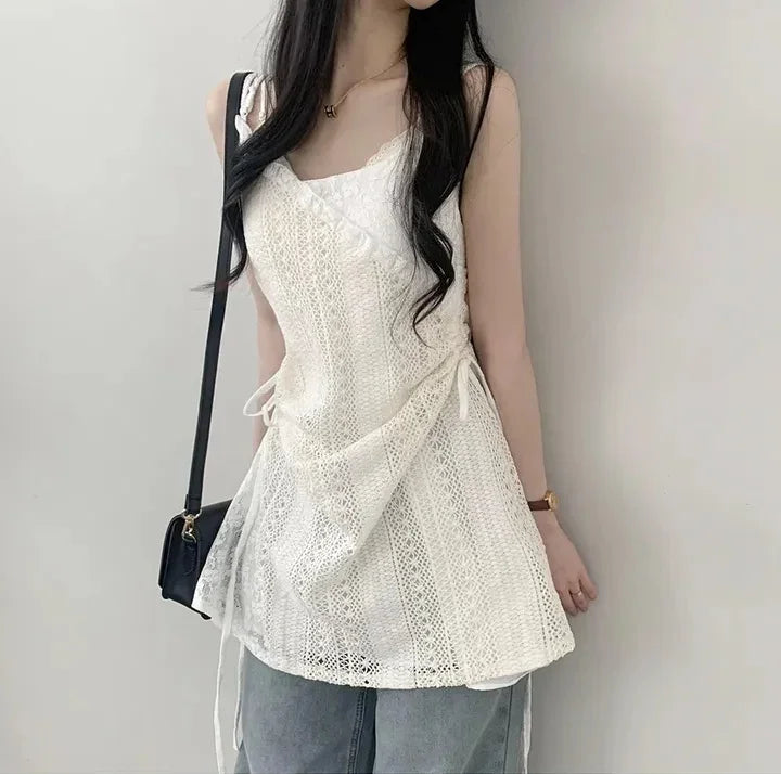 Summer Dress Women Chic French Lace Stitching Sling Shirt Stacked Gauze Knitted Dress Overskirt Inner Wear Base Short Dress