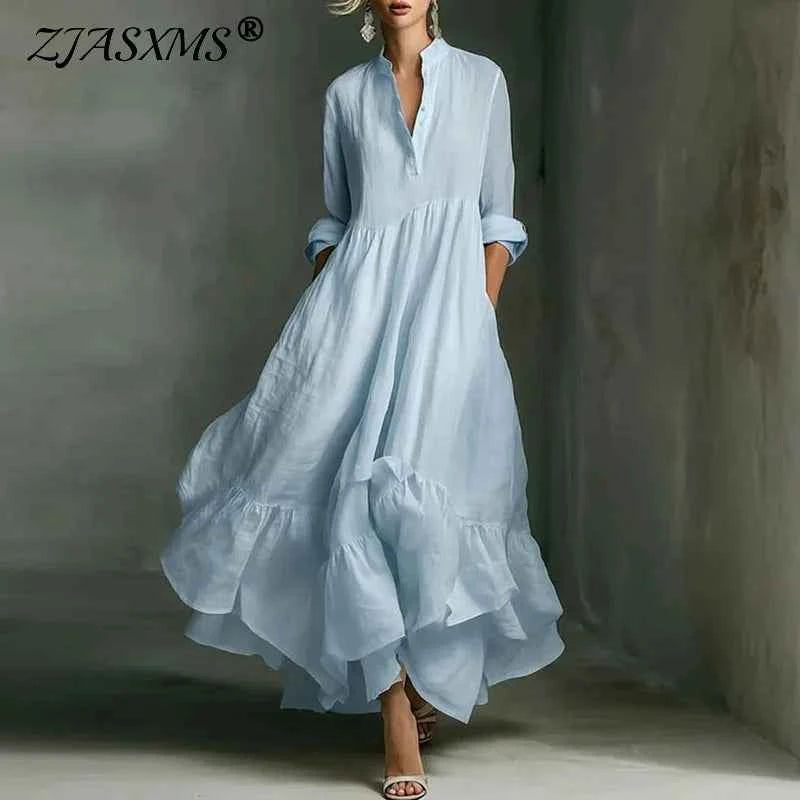 Women's Casual Dresses 2026 Spring Elegant V Neck High Waist A-Line Long Dress Retro Solid 3/4 Sleeve Ruffle Hem Boho Maxi Dress