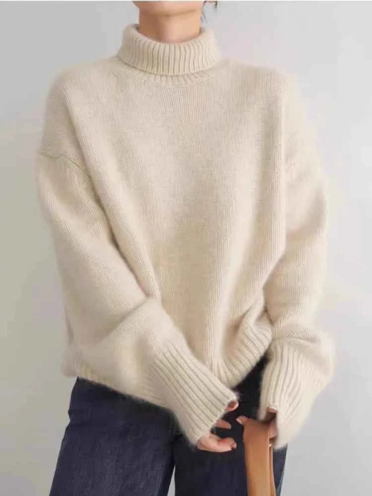 Autumn Winter New High Collar Cashmere Sweater Women Pure Color Cashmere Thick Knitted Pullover 2024 Loose Languid Sweater Tops