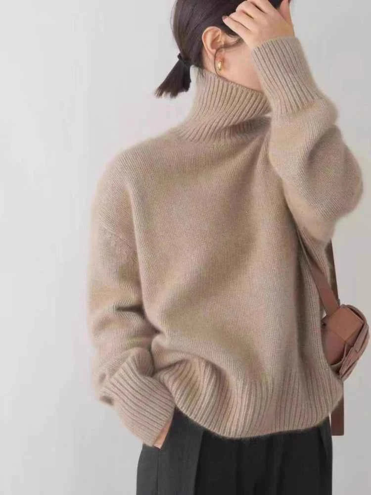 Autumn Winter New High Collar Cashmere Sweater Women Pure Color Cashmere Thick Knitted Pullover 2024 Loose Languid Sweater Tops