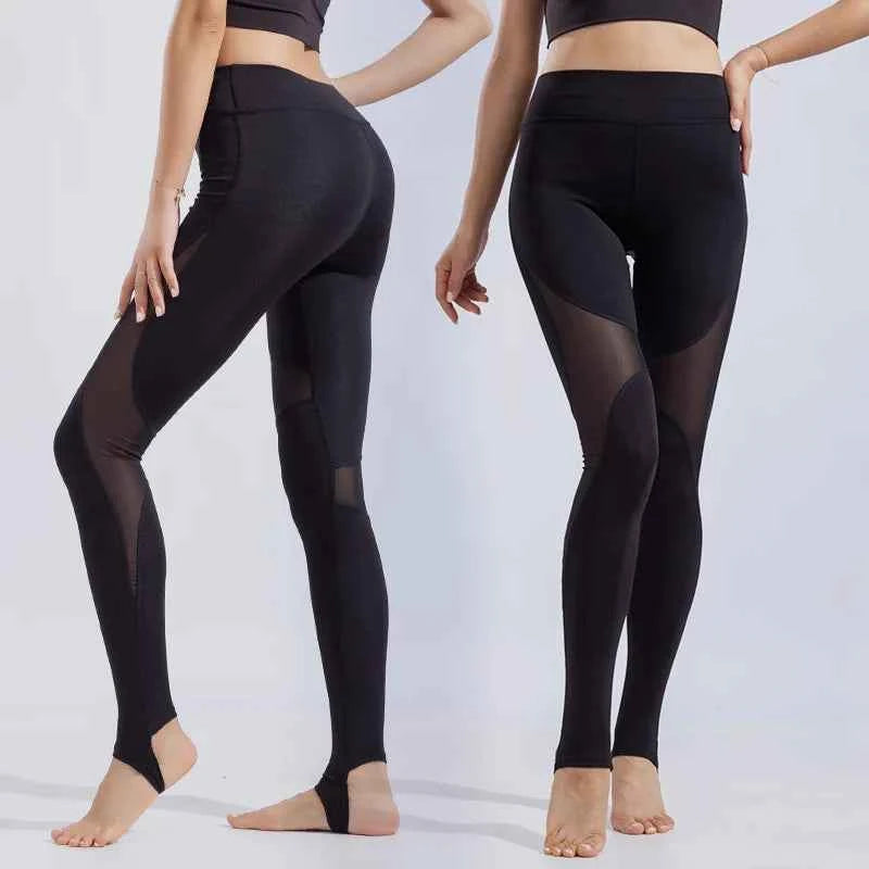 Women High Waist Mesh Patchwork Leggings Foot Stirrup Stretch Slim Workout Yoga Pants Breathable Sheer Gym Fitness Tights