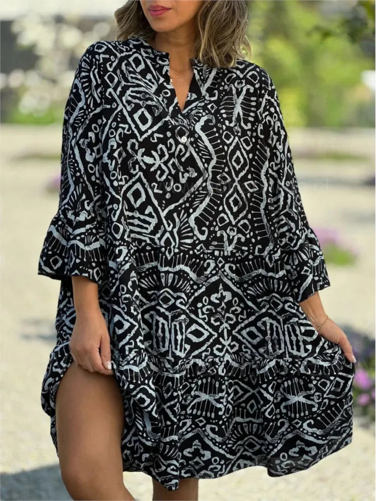 Women Casual Print Dress Fashion V Neck Pullover Loose Dresses Robe Femme Holiday Beach Dresses Lady Summer Womens Clothing New