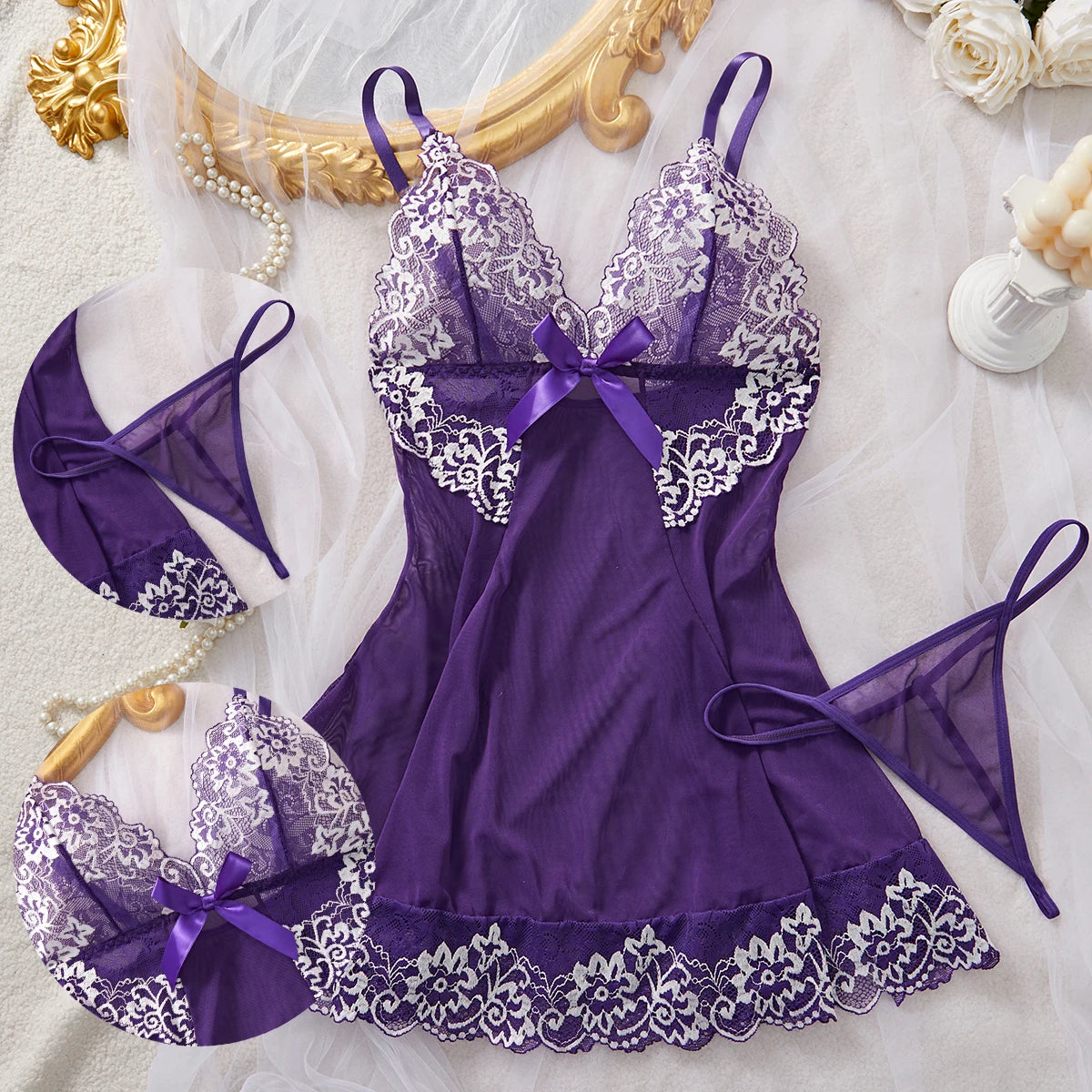 Elegant Lace See-Through Crotchless Dress Women's Sexy Lingerie Set Sensual Soft Sleepwear Pijamas Nighty