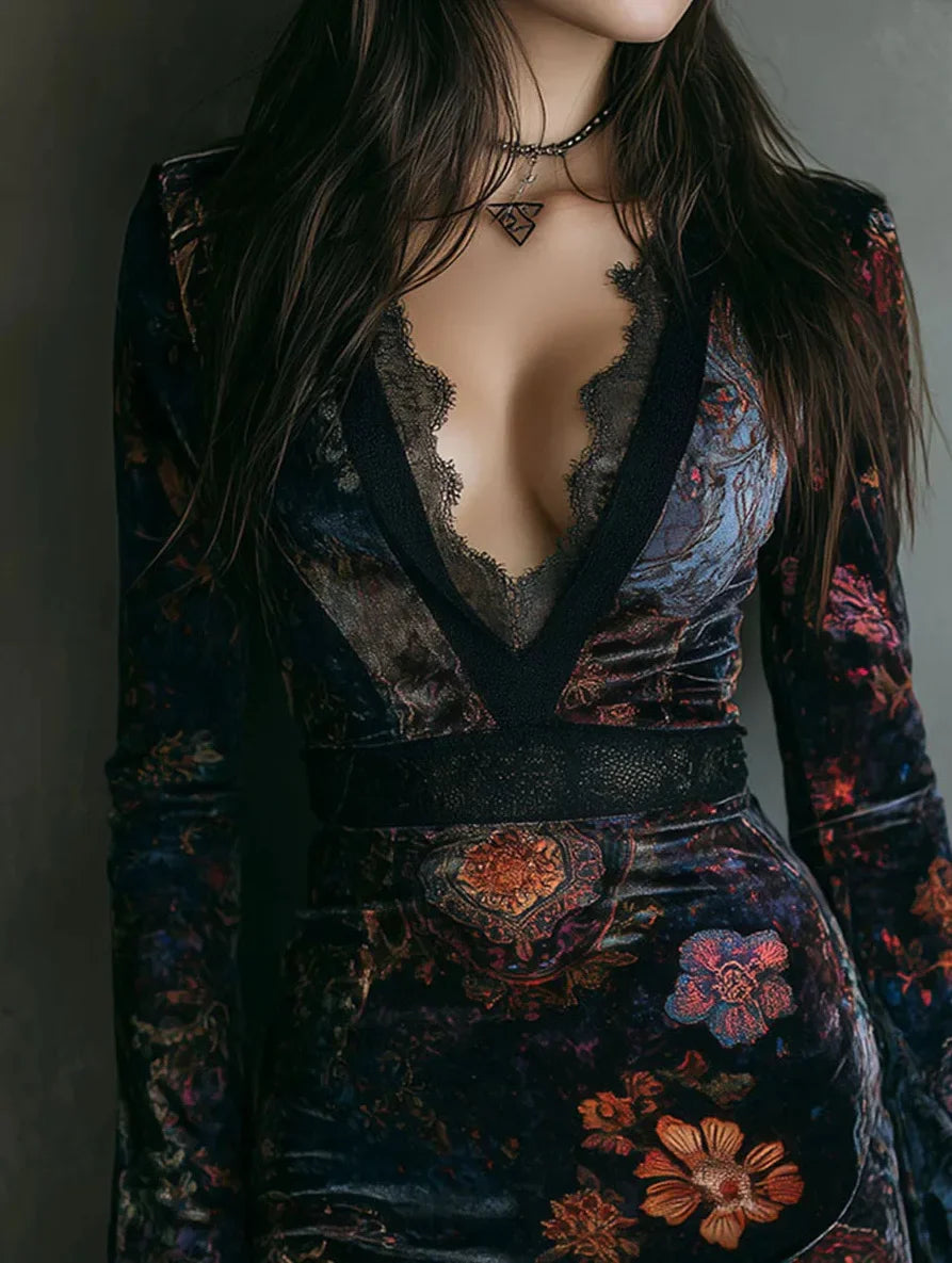 Velvet Flroal Printed Lace Patchwork Slim Mini Dress Long Sleeve Sexy V-neck Gothic Retro Women's Autumn Vintage Dress 2025