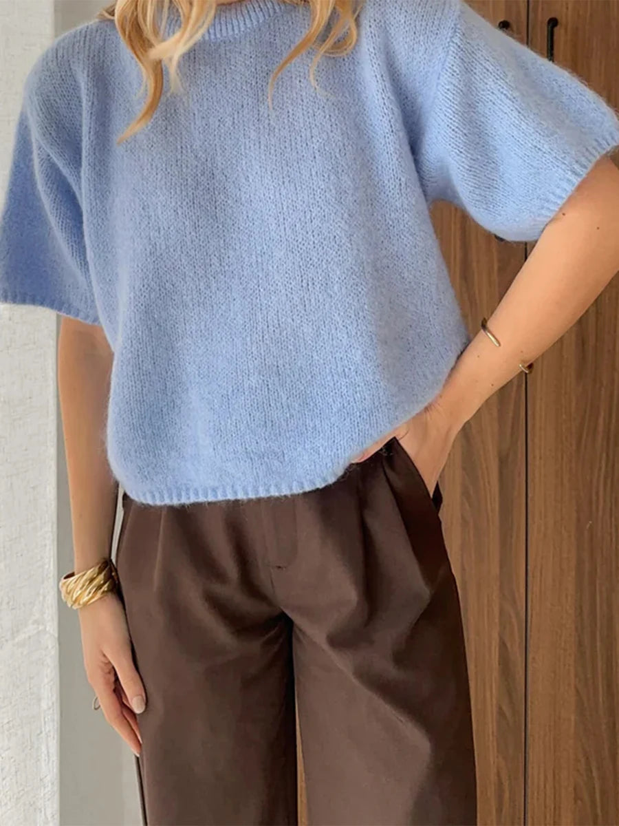 Women Spring Autumn Knit Sweaters Half Sleeve O Neck Solid Color Casual Knitwear jumper