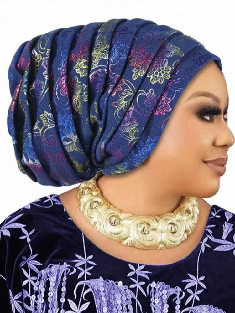 Glitter Full Body Pleated Turban Cap for Women 2025 Lady Head Wraps Muslim Headscarf Hat Turbante Mujer African Headpiece