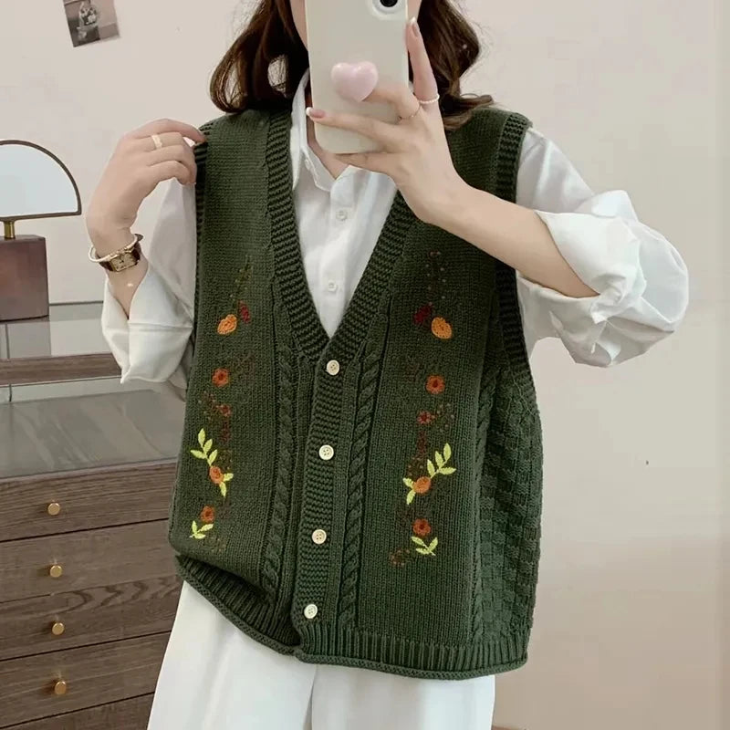 Spring Autumn 2024 Chinese Style Fashion Women's Knitted Cardigan Sweater Vest Sleeveless Age Reduction Ladies Waistcoat Jacket