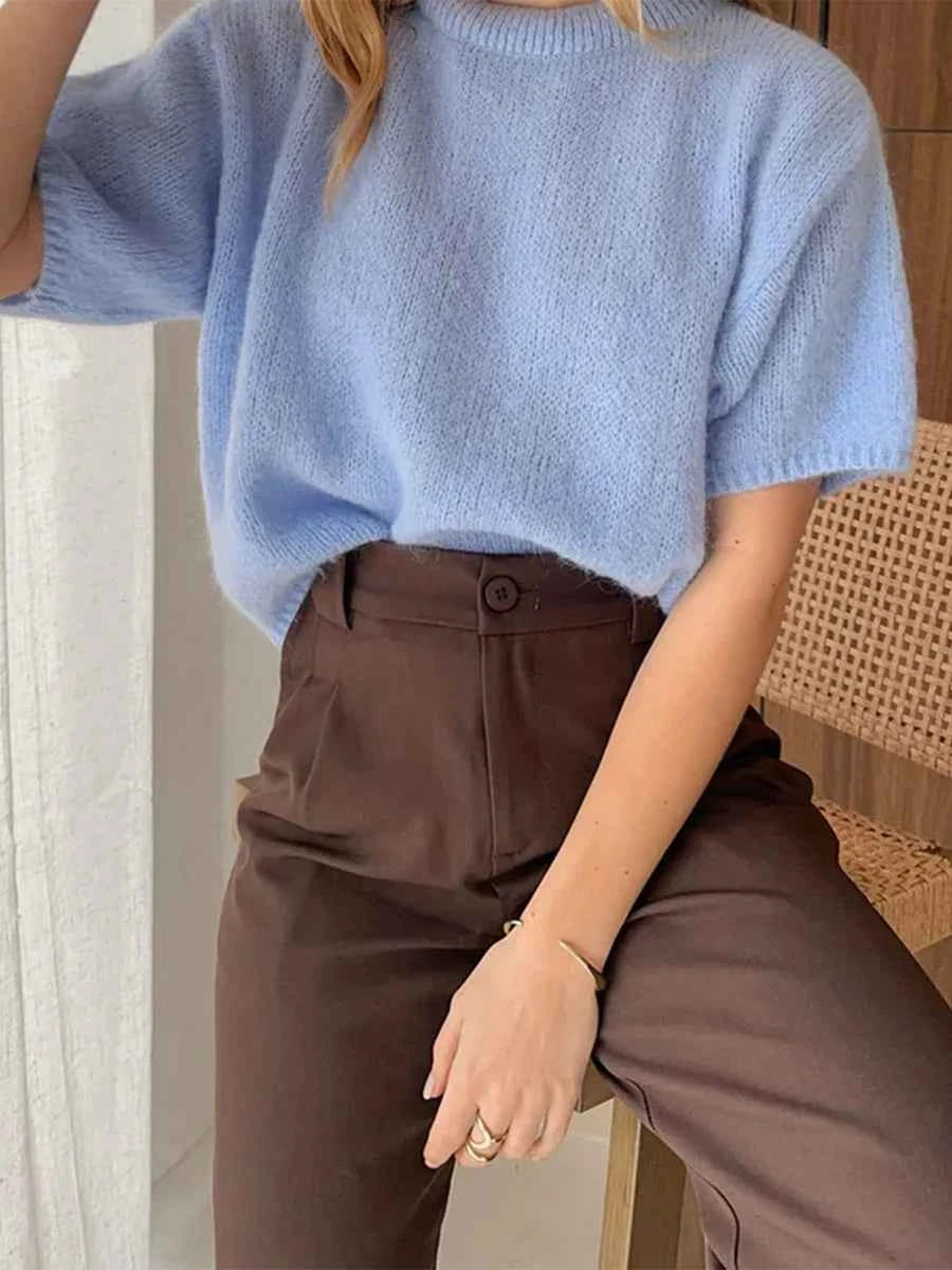 Women Spring Autumn Knit Sweaters Half Sleeve O Neck Solid Color Casual Knitwear jumper