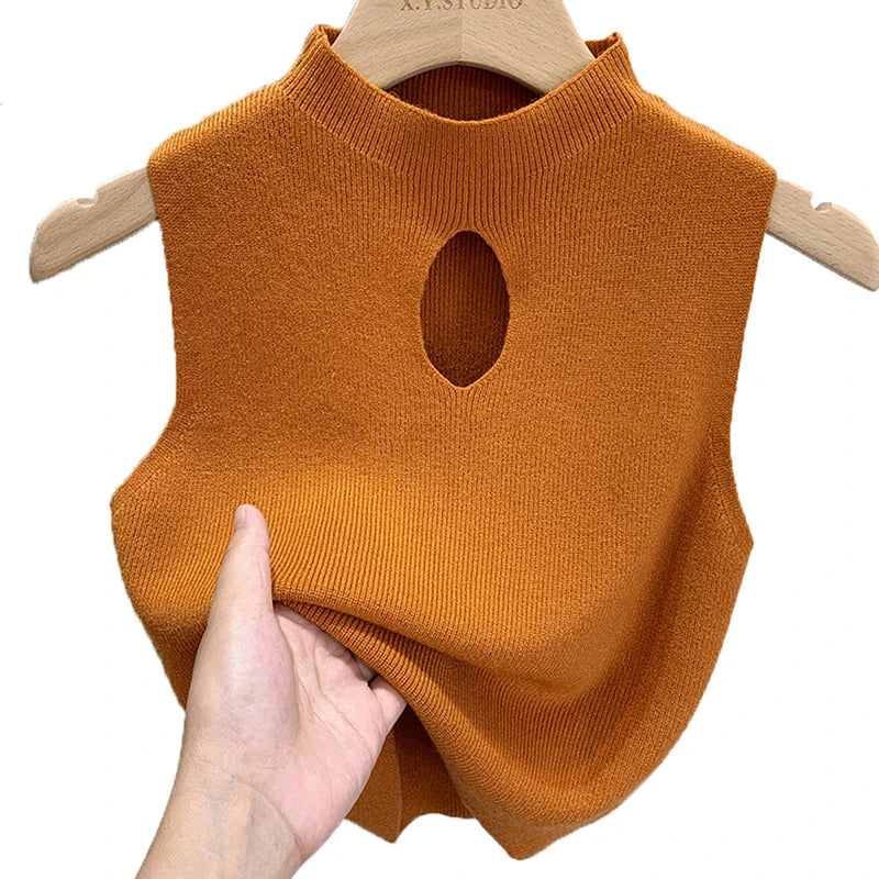 1PC Fashion Half Turtleneck Knitted Tank Top Summer Women Casual Solid Color Sleeveless Vest