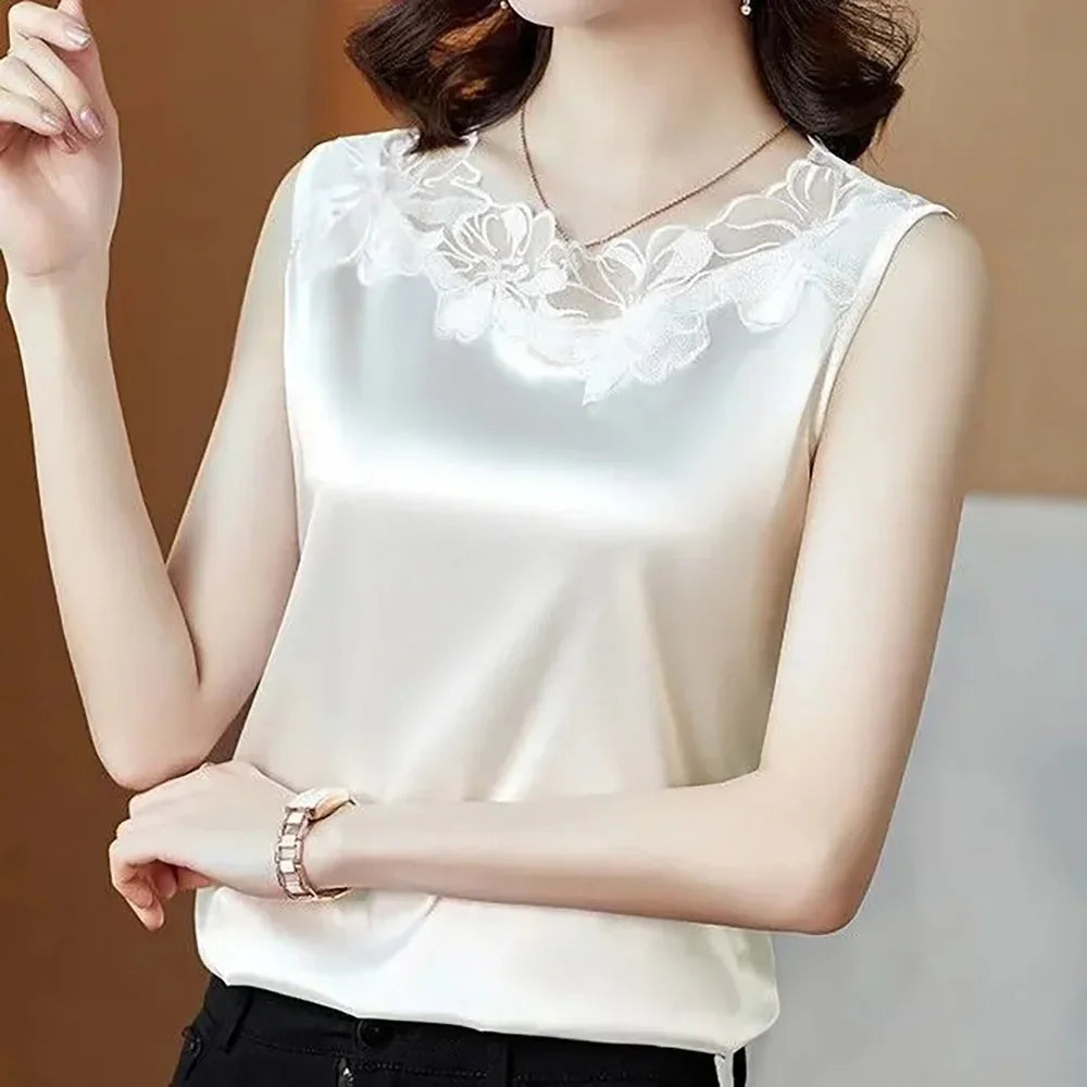 new woman clothing vest camis Tank top women's suit bottom lace lining 2024 summer new silk satin sleeveless top suspender vests