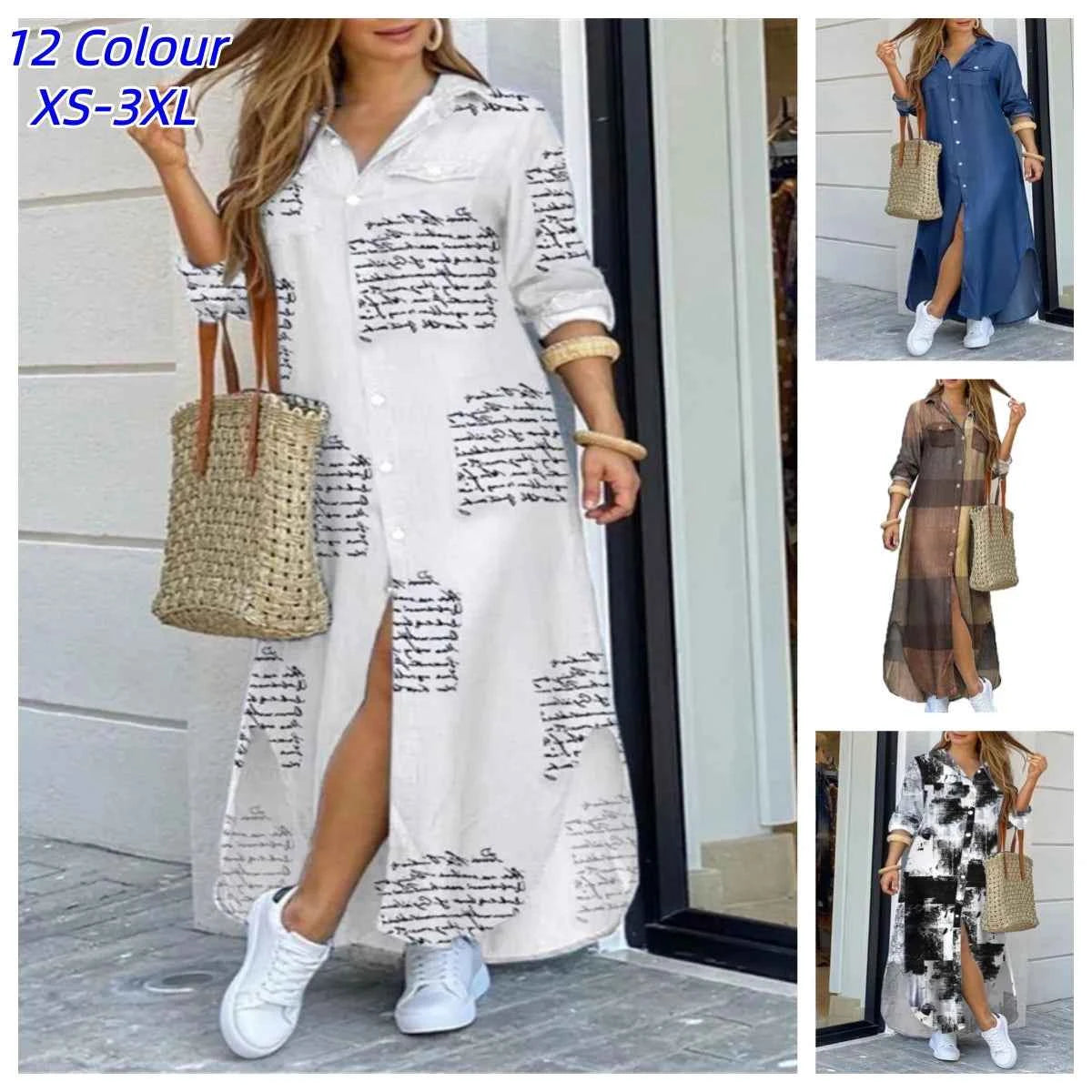 Women Dresses Fashion Sexy Single-breasted Dress Loose Lapel Casual Women's Clothing  Literary Printing Long Shirt Skirt