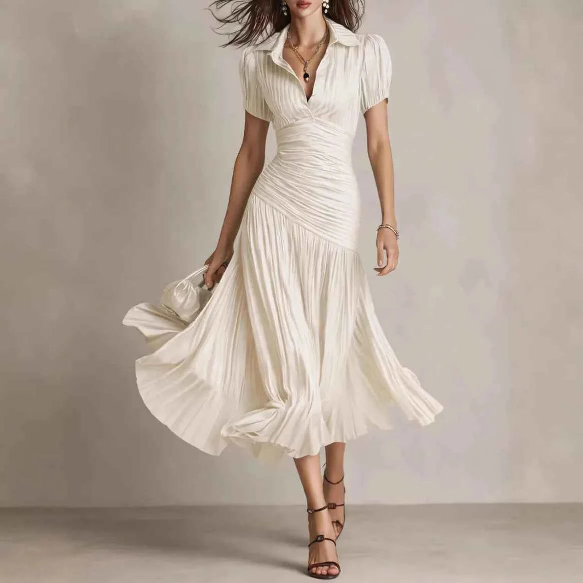 2026 New Summer Women's Striped High-waisted Shirt Dress Waist Slimming Short-sleeved Lapel A-line Skirt