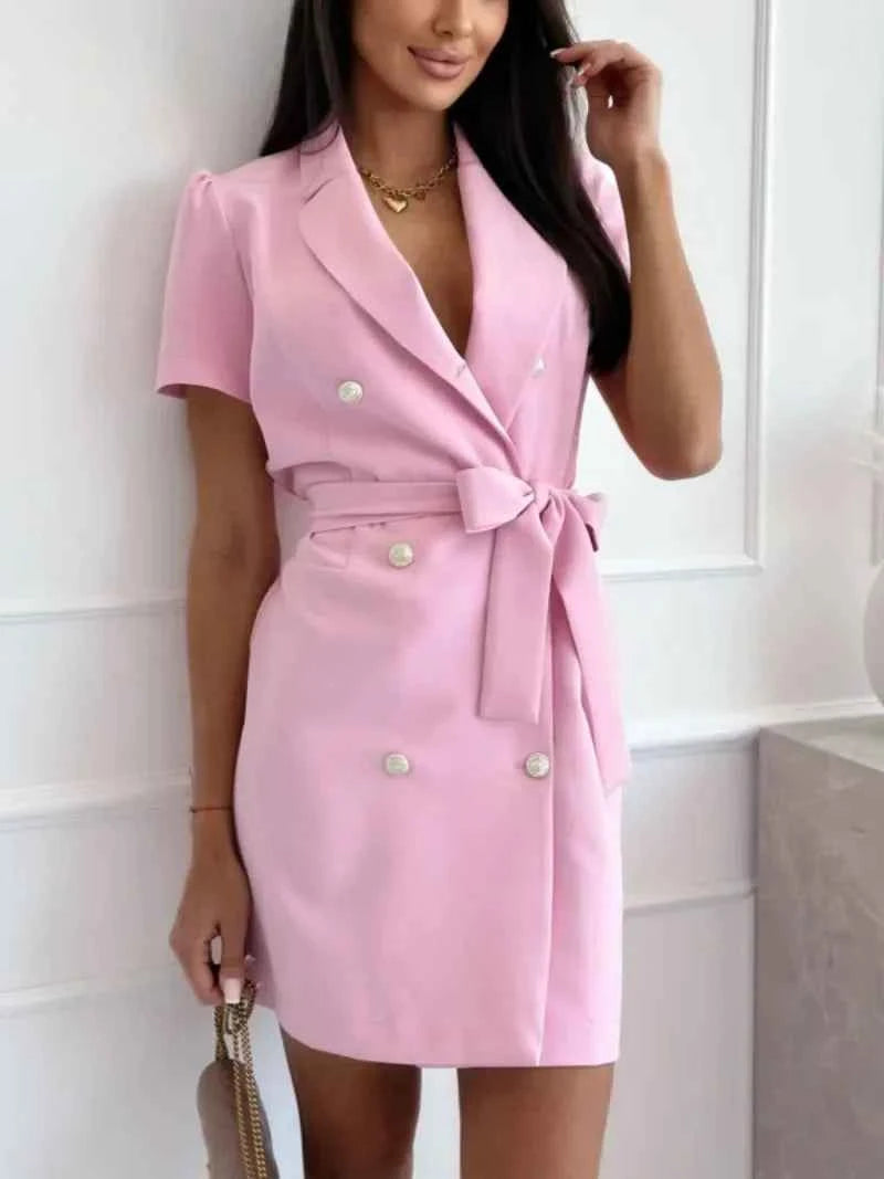 New Fashionable  Women's Casual Loose and Sweet Suit Dress Ladies Collar Double Breasted Bodycon Solid Color Dress