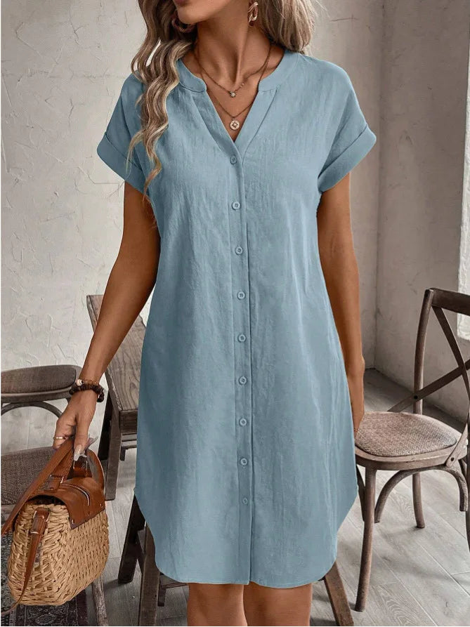 Women Casual Blouse Dress Simple V Neck Button Linen Dress Pockets Loose Large Size Shirt Dress Plus Size Womens Dresses