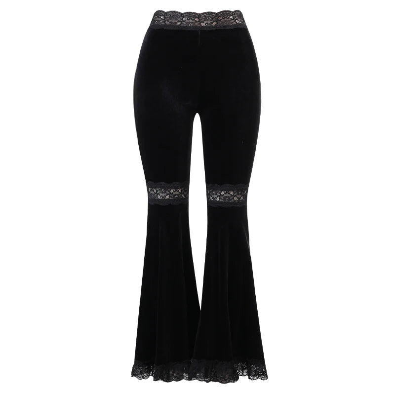 Y2K Gothic Black Velvet Lace Mesh Flare Pants Sexy Harajuku Aesthetic See Through Emo Pants Vintage Women Summer Pant Streetwear