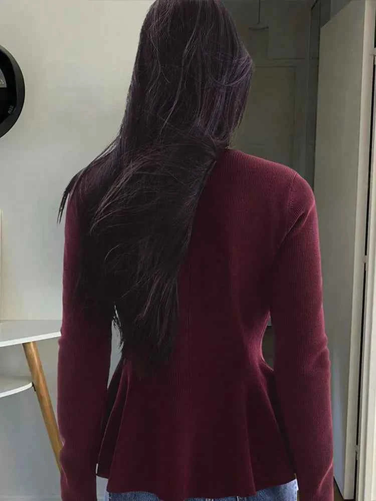 Women Elegant Solid Round Neck Pullover Lady Chic Full Sleeve Single Breasted Slim Knitted Sweater Women Commute Street Sweaters