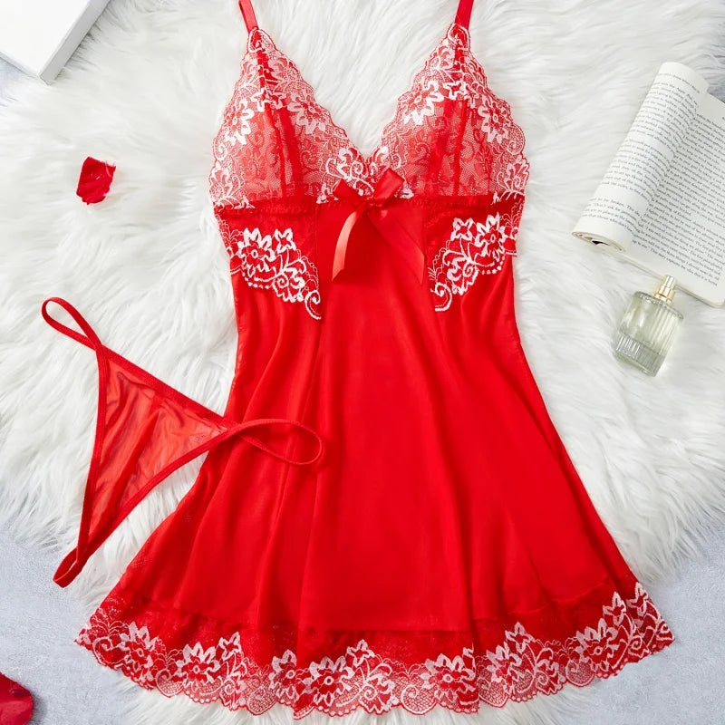 Elegant Lace See-Through Crotchless Dress Women's Sexy Lingerie Set Sensual Soft Sleepwear Pijamas Nighty