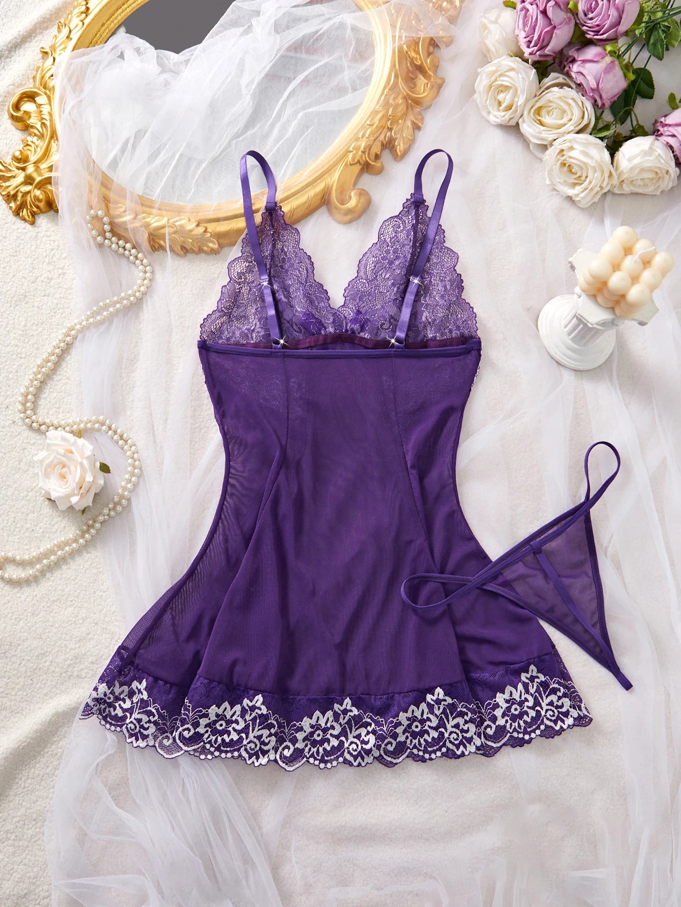 Elegant Lace See-Through Crotchless Dress Women's Sexy Lingerie Set Sensual Soft Sleepwear Pijamas Nighty