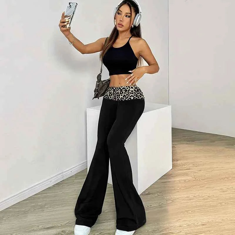 Fashion Leopard Patchwork Flared Leggings Women American Casual Sports Tights Woman Spring Autumn Thin Breathable Wide Leg Pants