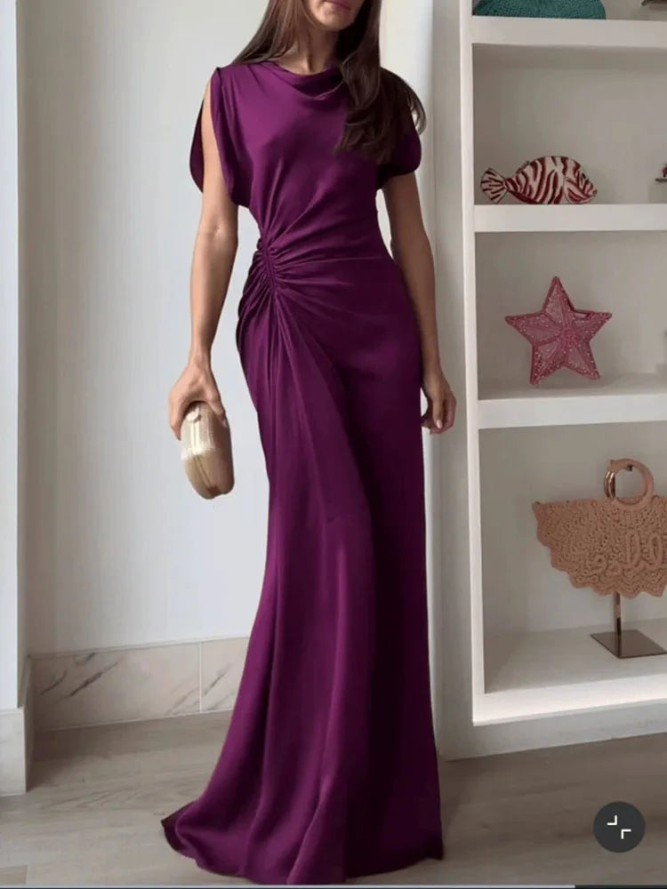 Casual O-neck Draped Gowns Dress Elegant Hight Waist Slim Fit Evening Dress Vestidos  Women Fashion Temperament Solid Long Dress