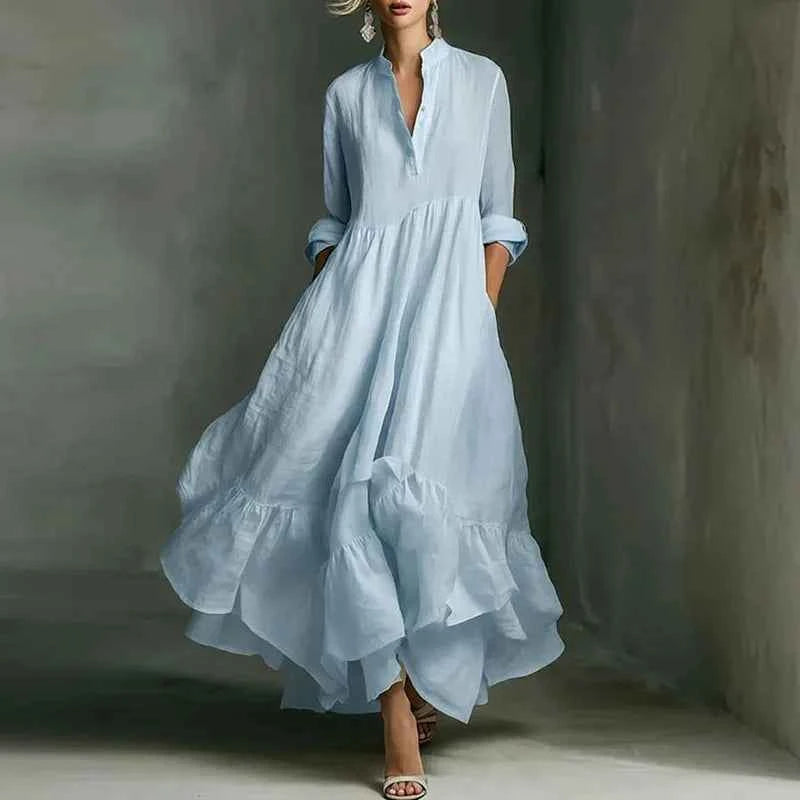 Women's Casual Dresses 2026 Spring Elegant V Neck High Waist A-Line Long Dress Retro Solid 3/4 Sleeve Ruffle Hem Boho Maxi Dress