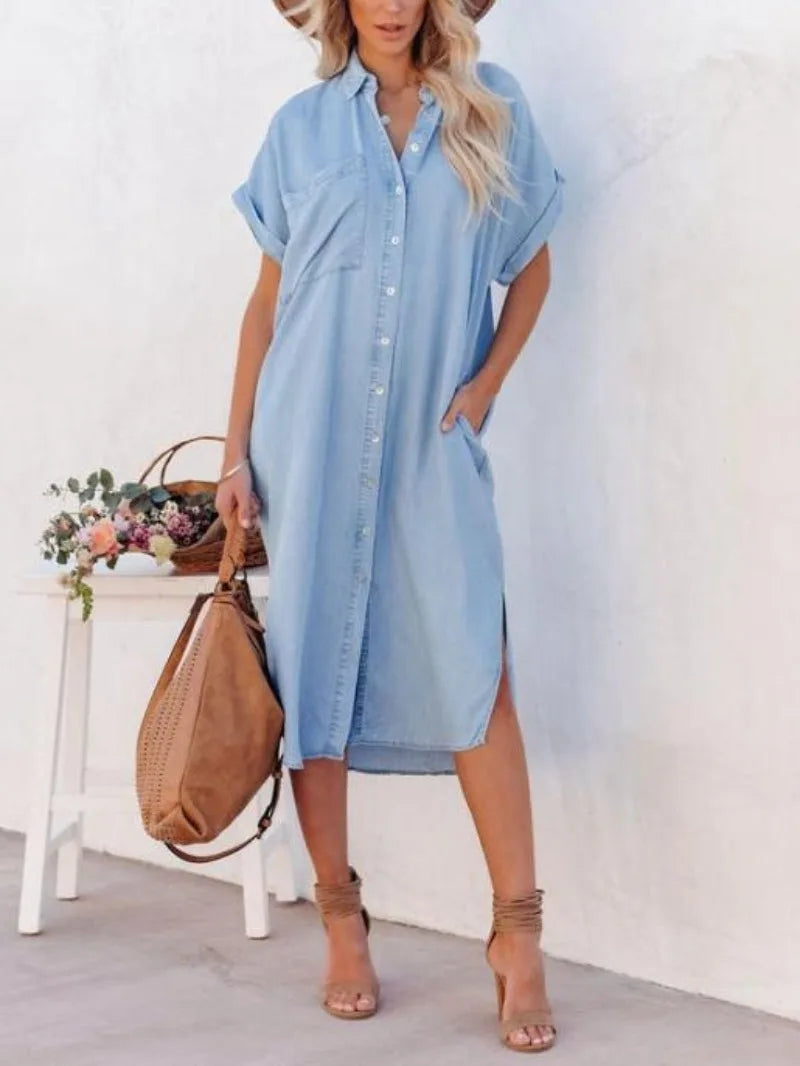 Women's Casual Loose Solid Color Short Sleeved Long Slit Shirt Dress with Shoulder Sleeves and Button Up Dress