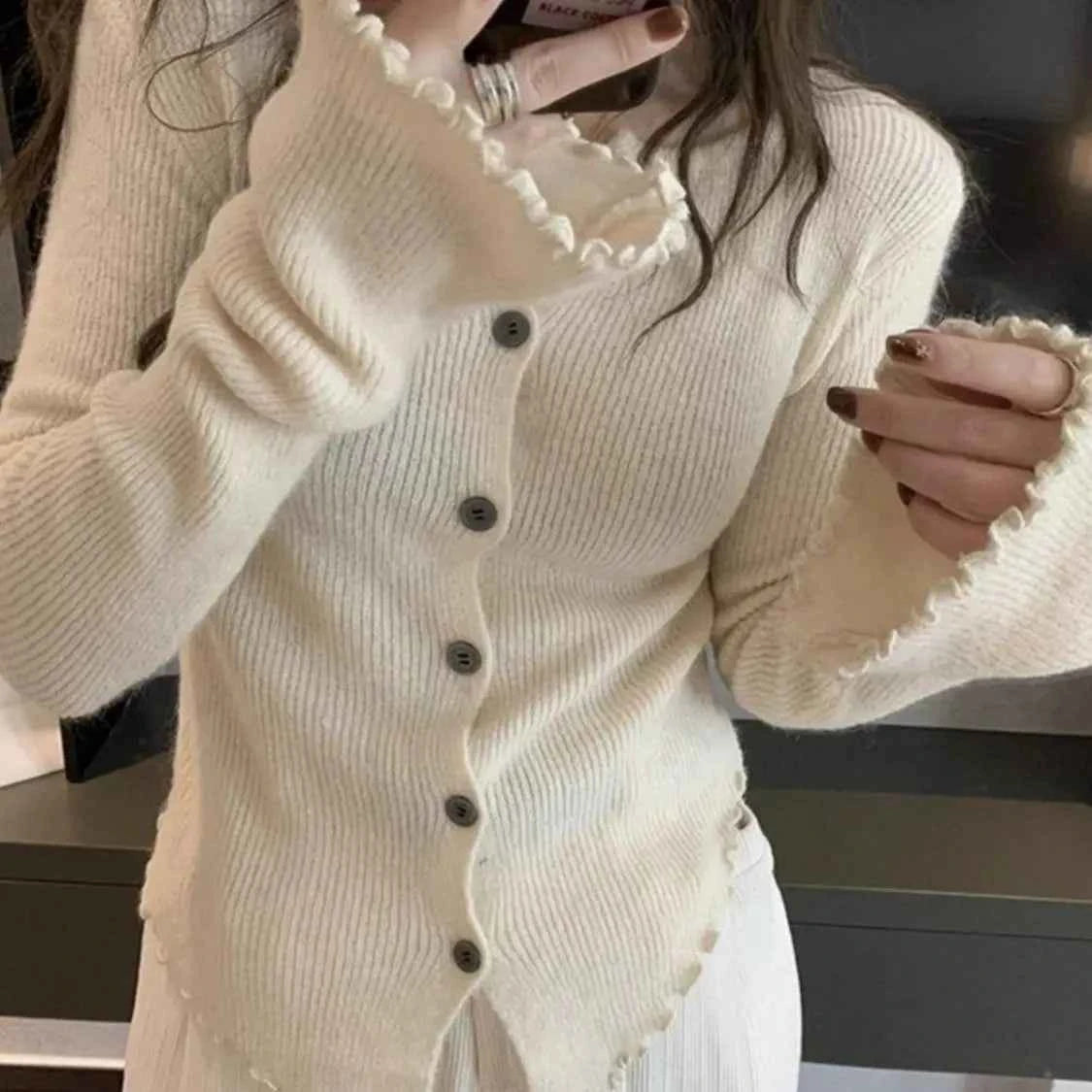 Irregular Knitting Cardigan Women Spring Autumn Flare Sleeve Ruched Solid Sweaters Design Flattering Waist Simple Commuting Chic