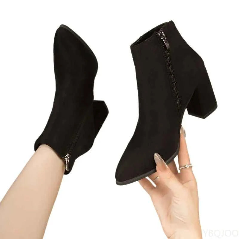 Fashionable versatile short boots women autumn winter pointed toe thick heel side zipper casual comfortable high-heeled boots