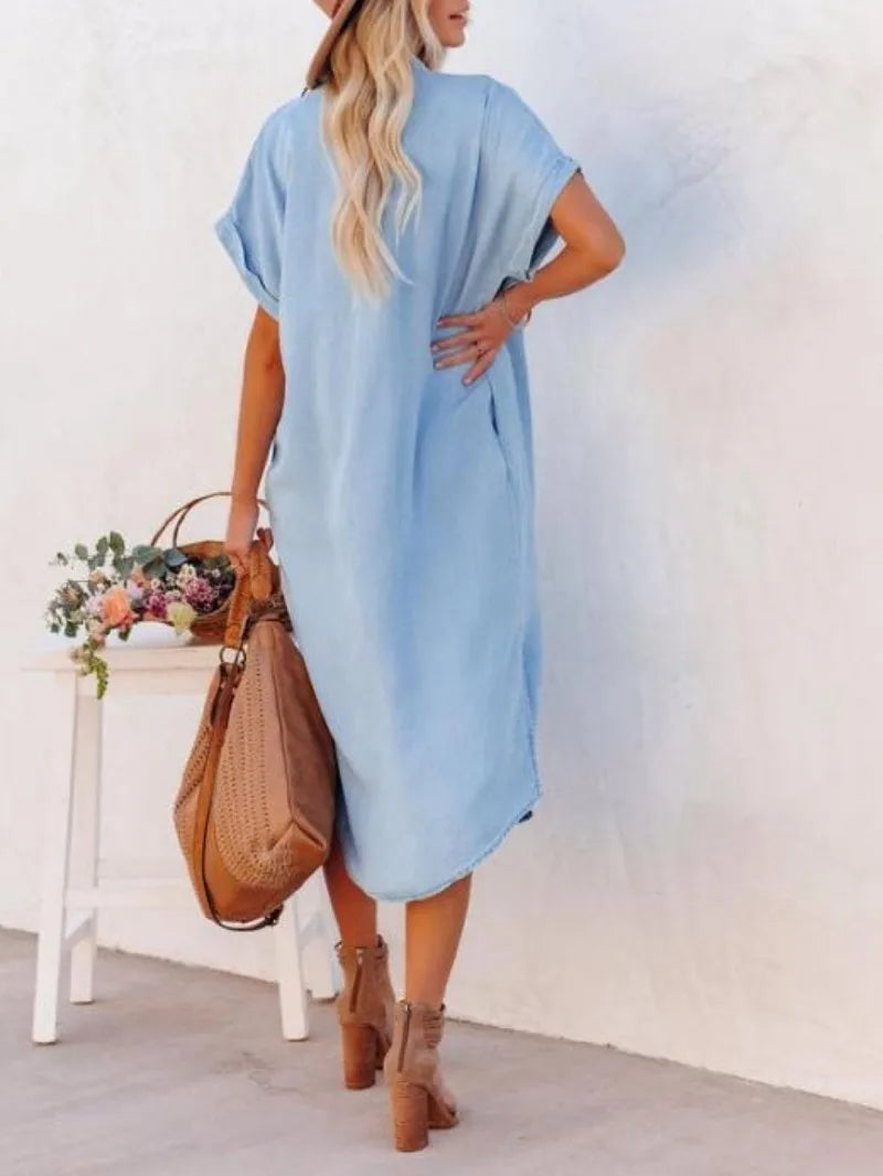 Women's Casual Loose Solid Color Short Sleeved Long Slit Shirt Dress with Shoulder Sleeves and Button Up Dress