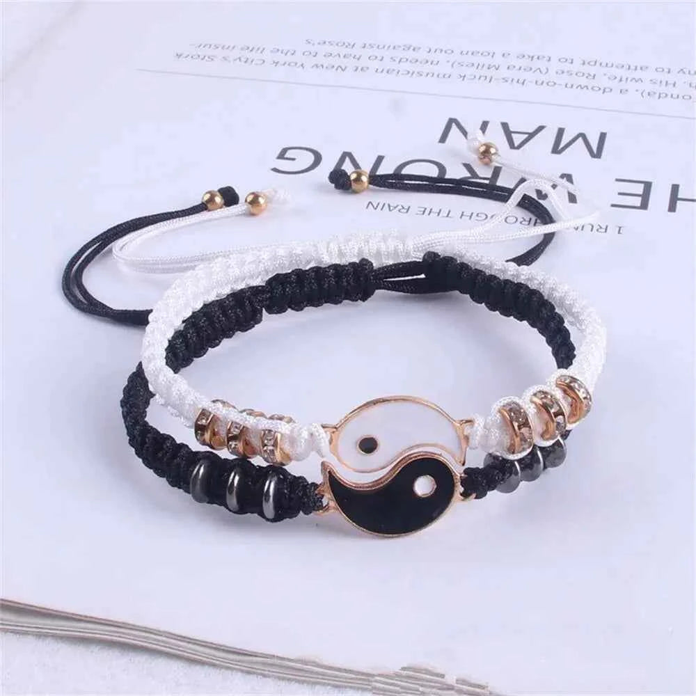 2 PC Jewelry Set Couple Black White Tai Chi Bracelet Rope Adjustable Chain Set Simple Style Daily Wear Jewelry
