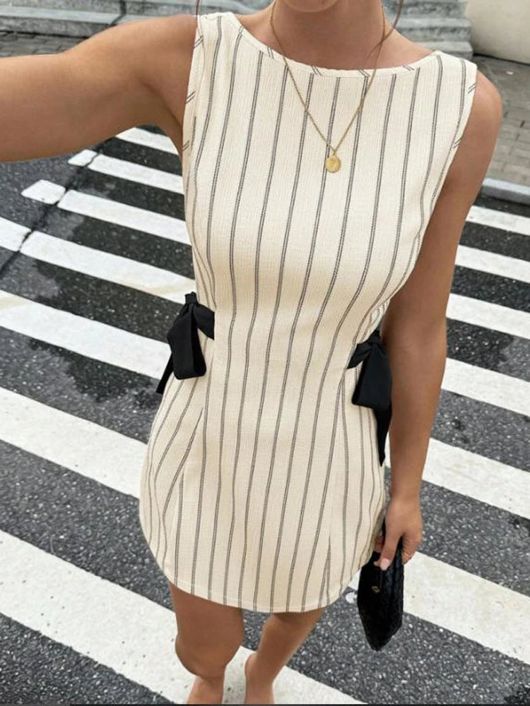 Casual Women White Thin Striped Side Bow Mini Dress Casual Sleeveless Bodycon Round Neck Dresses Summer Street Commute Gowns