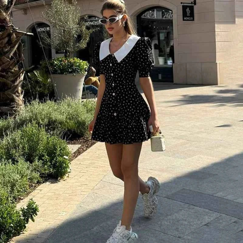 Women's Puff Sleeve Mini Dress V Neck Short Sleeve Pearl Button Detail High Waist Elegant Evening Party Dress