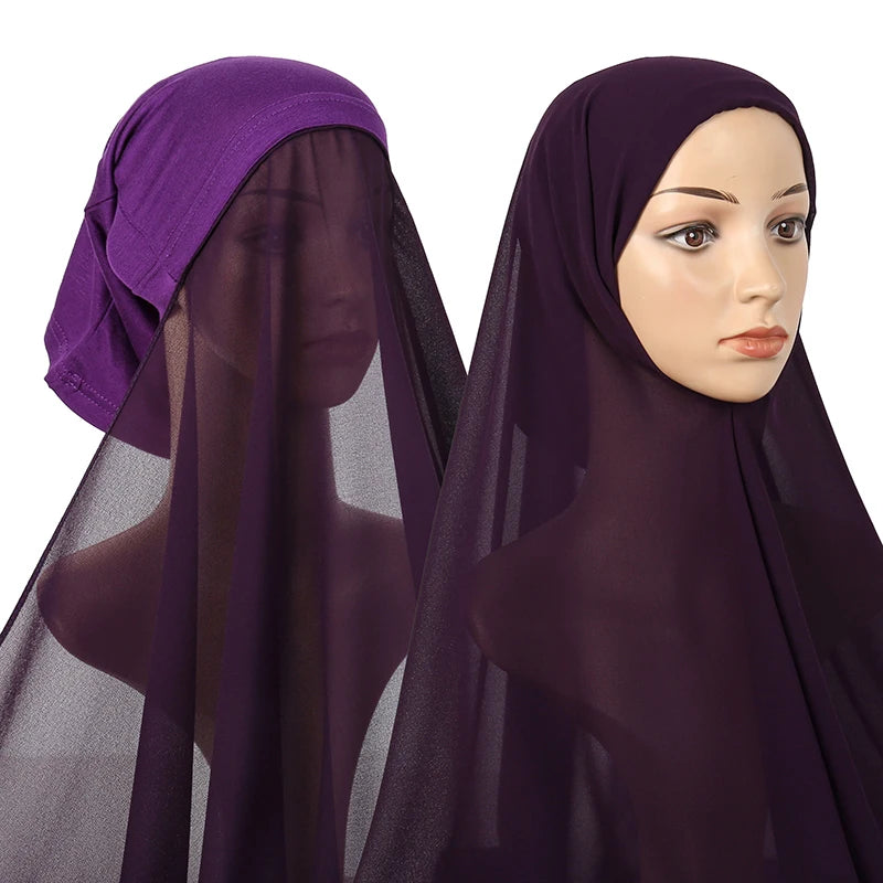 Instant Hijab with Tube Caps Women Premium Chiffon Hijab Muslim Soft Modal Cotton Open Caps Solid Colors Chiffon Shawl Turban