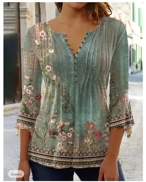 V-Neck Elegant Office Lady Blouses Tops Blusas 2024 Casual Trendy Summer Blouses Print Three Quarter Buttons Women Shirts S-3XL
