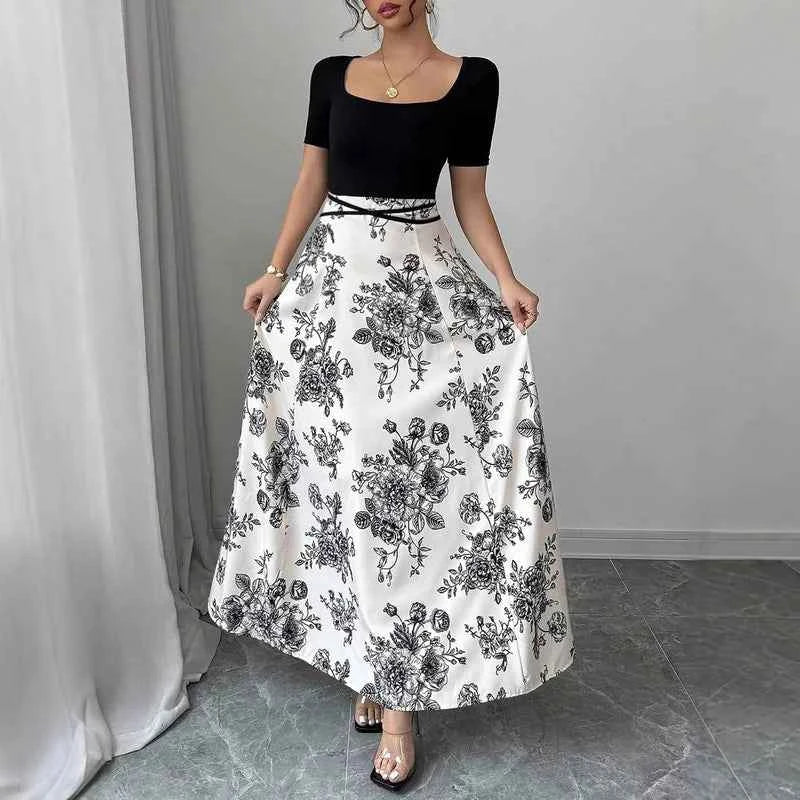 Womens Dresses Casual And Elegant Temperament Floral Print Short Sleeved Long Dress