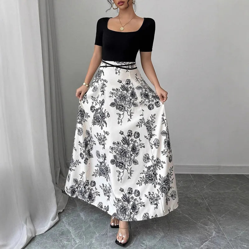 Womens Dresses Casual And Elegant Temperament Floral Print Short Sleeved Long Dress