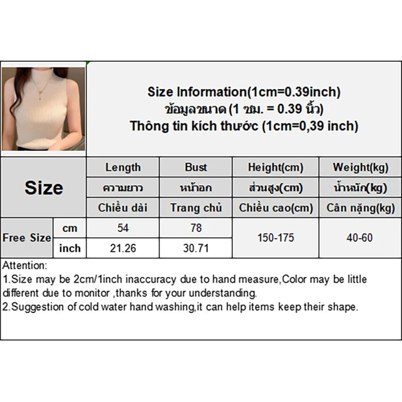 1PC Fashion Half Turtleneck Knitted Tank Top Summer Women Casual Solid Color Sleeveless Vest