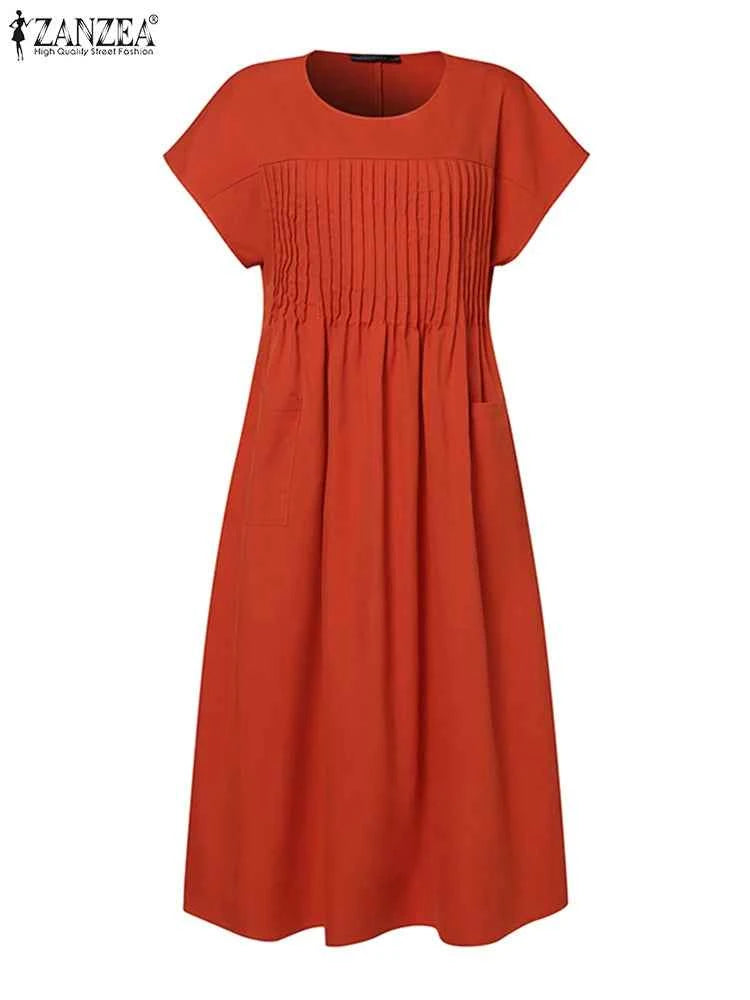 ZANZEA Fashion Summer Women Party Holiday Sundress Elegant O Neck Short Sleeve Solid Mid-calf Dress Casual Vestido Robe Femme