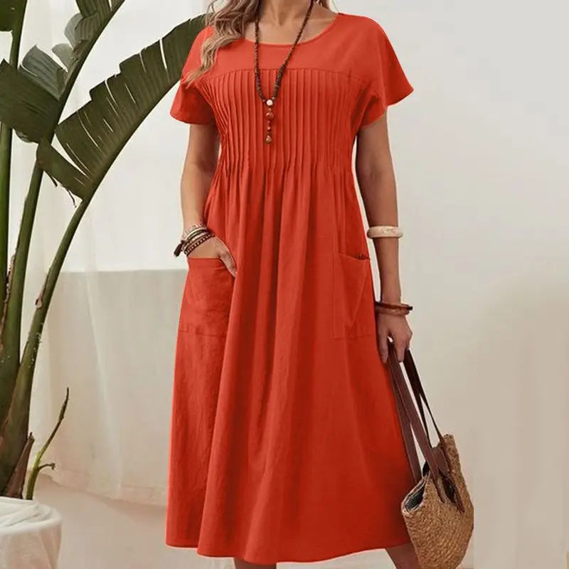 ZANZEA Fashion Summer Women Party Holiday Sundress Elegant O Neck Short Sleeve Solid Mid-calf Dress Casual Vestido Robe Femme