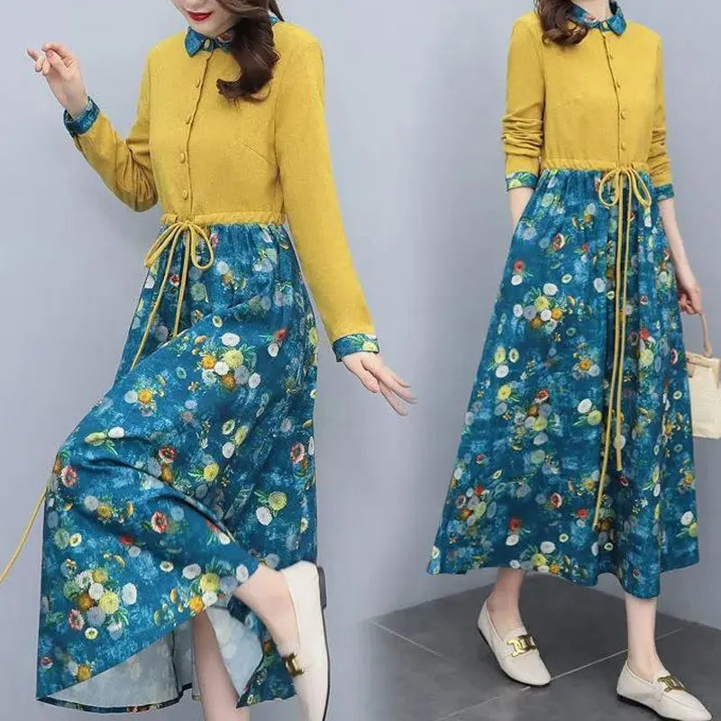 Women's Clothing Casual Printed Dresses Spring Autumn New Single-breasted Fashion Turn-down Collar Commute Drawstring Long Dress