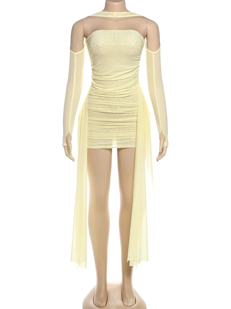 Sisterlinda Mesh Simple Mini Dress Fashion Solid Strapless Ribbons Tassel Body-shaping Vestidos+Seperately Full Sleeve Gloves