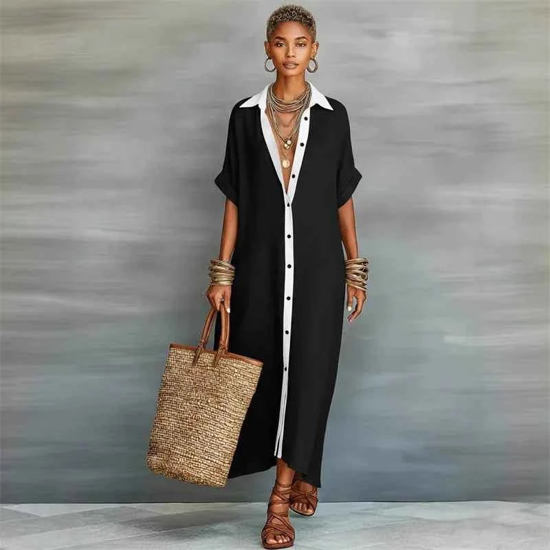 Women Comfortable Casual Cotton Linen Dresses Summer Contrasting Loose Maxi Shirt Dress Female Turndown Collar Short Sleeve Gown